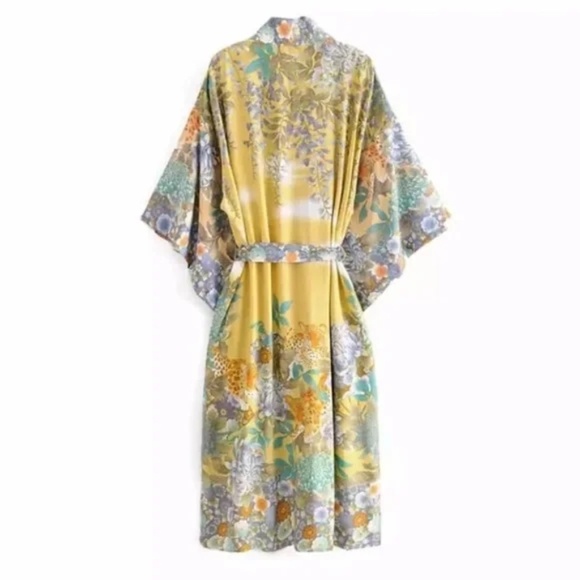 Yellow Gypsy Willow Floral Open Kimono Duster Robe - Picture 5 of 7